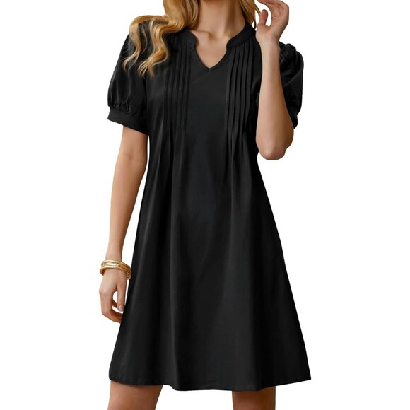 Women’s Summer Dress Polyester Blended Shift V Neck Puff Short Sleeve Casual - Picture 1 of 7